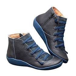 Minetom Kunstleder Stiefeletten Herbst Vintage Schnürschuhe Damen Bequeme Flache Fersenstiefel Reißverschluss Kurzer Boot A Blau 42 EU von Minetom