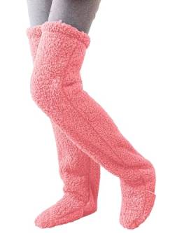 Minetom Kuschelsocken Damen Korallen Plüsch Overknee Socken Modisch Innen Hausschuhe Bodenschuhe Warm Haussocken Bequem Weich Stiefel B Rosa 90 CM One Size von Minetom