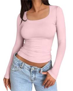 Minetom Langarmshirt Damen Sweatshirts Basic Einfarbig T-Shirt Longsleeve Y2K Doppelt Gefüttertes Oberteil Sexy Top A Rosa XXL von Minetom