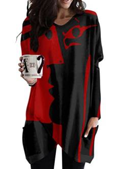 Minetom Langarmshirt Damen V-Ausschnitt Druck Lose Langarm Oberteile Oversize Lang Sweatshirt Tops Asymmetrisch Saum Jumper Pullover Mit Taschen B2 Rot XXL von Minetom