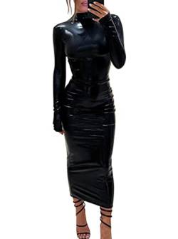 Minetom Langes Kleid Damen Sexy Langarm PU Leder Bleistiftkleid Festlich Etuikleid Bodycon Midikleid Clubwear Cocktail Party Abend Kleider 1 A Schwarz M von Minetom