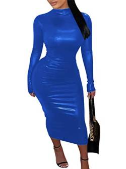 Minetom Langes Kleid Damen Sexy Langarm PU Leder Bleistiftkleid Festlich Etuikleid Bodycon Midikleid Clubwear Cocktail Party Abend Kleider A Blau L von Minetom