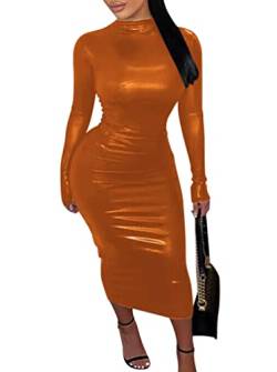 Minetom Langes Kleid Damen Sexy Langarm PU Leder Bleistiftkleid Festlich Etuikleid Bodycon Midikleid Clubwear Cocktail Party Abend Kleider A Orange L von Minetom