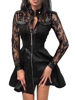 Minetom Lederkleid Damen Sexy Kleid V-Ausschnitt Spitze Faltenrock Reißverschluss A-Linie Langarm Patchwork Minikleid Cocktail Kleid A Schwarz Spitze 36 von Minetom