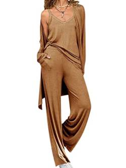 Minetom Loungewear Damen Dreiteilig Ensembles de Pyjama Herbst Winter Pyjama Sets 3 Stück Lang Nachtwäsche Schlafanzug Cardigan Jacke Tank Top und Hose A Khaki L von Minetom