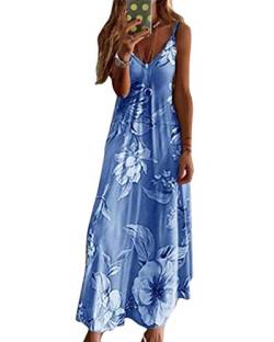 Minetom Maxikleider Damen Sommerkleid Casual Loose Ärmellos V Ausschnitt Strandkleid Boho Kleider Böhmen Drucken A-Linie Lang Kleid Partykleid A Blau 50 von Minetom