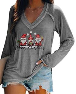 Minetom Merry Christmas Pullover Damen Weihnachtspullover V-Ausschnitt Langarmshirt Lustige Zwerge Druck Weihnachten Shirt Elegant Oberteile Xmas Tops Lange Bluse G Grau L von Minetom