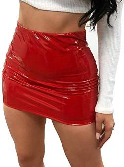 Minetom Minirock Leder Rock Damen Lederrock Wetlook Pu Leder Bleistiftrock Figurbetont Bodycon Mini Rock Hohe Taille Leather Skirt Hüftrock Rot S von Minetom