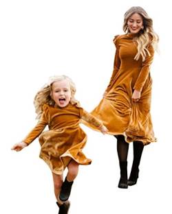 Minetom Mütter und Tochter Familie Winterkleid Elegant Kleider Damen Mädchen Langarm Rundhals Samt Langes Kleid Cocktailkleid Partykleid Ballkleid Gelb 38 (Damen) von Minetom