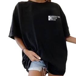 Minetom Oversize T-Shirt Damen Elegante Rundhals Kurzarm Tops Lässig Lose Sommer Oberteile Mode Vintage Drucken Bluse Streetwear Lang Pullover Sweatshirt Teenager Mädchen Tunika Tops A Schwarz L von Minetom