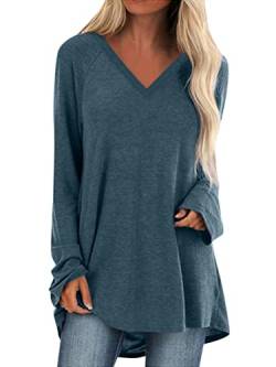 Minetom Oversized T-Shirt Damen Langarm Locker Sommer Longshirt Oberteile Sommer Lang Tee Shirt Tunika Casual Langarmshirt Lässig Basic Bluse Einfarbig Sweatshirt Für Frauen D Blau XXL von Minetom