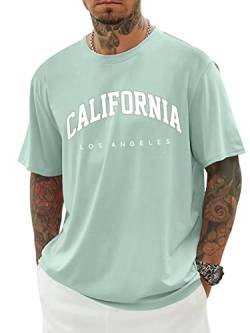 Minetom Oversized Tshirt Herren Rundhals Kurzarm Lose Sommer Oberteile Mode T-Shirt mit California Kreativen Grafik Buchstaben Vintage Drucken Streetwear Sport Casual Lang Tops E Grün L von Minetom