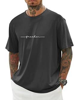 Minetom Oversized Tshirt Herren Rundhals Kurzarm Lose Sommer Oberteile Mode T-Shirt mit Freedom Kreativen Grafik Buchstaben Vintage Drucken Streetwear Sport Casual Lang Tops D Grau L von Minetom