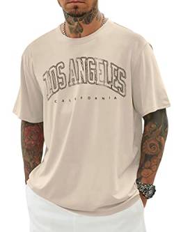 Minetom Oversized Tshirt Herren Rundhals Kurzarm Lose Sommer Oberteile Mode T-Shirt mit Los Angeles Grafik Kreativen Buchstaben Vintage Drucken Streetwear Sport Casual Lang Tops A Aprikose S von Minetom