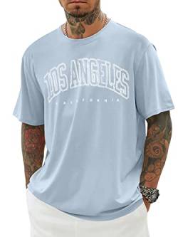 Minetom Oversized Tshirt Herren Rundhals Kurzarm Lose Sommer Oberteile Mode T-Shirt mit Los Angeles Grafik Kreativen Buchstaben Vintage Drucken Streetwear Sport Casual Lang Tops A Blau S z von Minetom