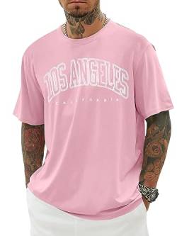 Minetom Oversized Tshirt Herren Rundhals Kurzarm Lose Sommer Oberteile Mode T-Shirt mit Los Angeles Grafik Kreativen Buchstaben Vintage Drucken Streetwear Sport Casual Lang Tops A Rosa M von Minetom