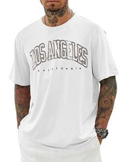 Minetom Oversized Tshirt Herren Rundhals Kurzarm Lose Sommer Oberteile Mode T-Shirt mit Los Angeles Grafik Kreativen Buchstaben Vintage Drucken Streetwear Sport Casual Lang Tops A Weiß S von Minetom