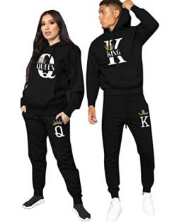 Minetom Pärchen Sportanzug King Queen Druck Pullover Hoodie Kapuzenpullover Liebespaar Couple Jogginganzug Freizeitanzug mit Taschen Oberteile Hose Set Schwarz King 3XL von Minetom