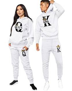 Minetom Pärchen Sportanzug King Queen Druck Pullover Hoodie Kapuzenpullover Liebespaar Couple Jogginganzug Freizeitanzug mit Taschen Oberteile und Hose Set Weiß King XL von Minetom