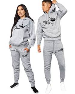 Minetom Pärchen Sportanzug King Queen Druck Pullover Hoodie Kapuzenpullover Liebespaar Couple Jogginganzug Freizeitanzug mit Taschen Oberteile und Hose Set Z Grau King XL von Minetom