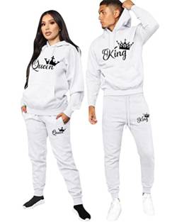 Minetom Pärchen Sportanzug King Queen Druck Pullover Hoodie Kapuzenpullover Liebespaar Couple Jogginganzug Freizeitanzug mit Taschen Oberteile und Hose Set Z Weiß King L von Minetom