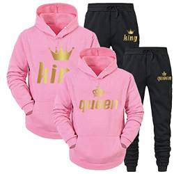 Minetom Pärchen Sportanzug King Queen Pullover Kapuzenpullover Hoodie Valentinstag Liebespaar Couple Jogginganzug Oberteile und Hose Set für Paare Rosa king XXL von Minetom