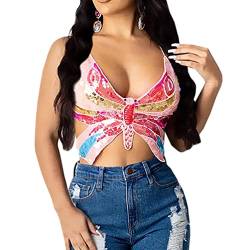 Minetom Pailletten Schmetterling Crop Tops Festival Karneval Kostüm Glitzer Ärmellos Shirt Sexy Club Tank Top Bauchtanz Oberteile Hemd A Rosa S von Minetom