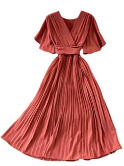 Minetom Plisseekleid Cocktailkleid Damen Elegant V-Ausschnitt Kurzarm Elegant Festliches Kleid Lang Abend Party Ballkleid Freizeitkleid B Hellrot Einheitsgröße von Minetom