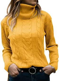 Minetom Pullover Damen Strickpullover Langarm Rollkragen Feinstrick Häkelpullover Elegante Lässige Lose Rollkragenpullover Einfarbig Casual Pulli Oberteile Stricktop Pullover Sweater A Gelb L von Minetom