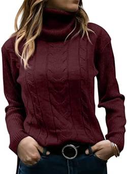 Minetom Pullover Damen Strickpullover Langarm Rollkragen Feinstrick Häkelpullover Elegante Lässige Lose Rollkragenpullover Einfarbig Casual Pulli Oberteile Stricktop Pullover Sweater A Weinrot M von Minetom