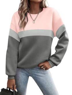 Minetom Pullover Damen Sweatshirt Farbblock Langarm Rundhals Pulli Herbst Winter Frauen Locker Casual Oberteil Sport Streetwear Sweatshirts ohne Kapuze Langarmshirt A Rosa-Grau XS von Minetom