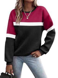 Minetom Pullover Damen Sweatshirt Farbblock Langarm Rundhals Pulli Herbst Winter Frauen Locker Casual Oberteil Sport Streetwear Sweatshirts ohne Kapuze Langarmshirt C Weinrot XS von Minetom