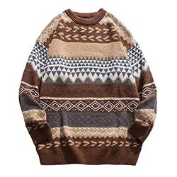 Minetom Pullover Herren Strickpullover Retro Muster Sweater Winterpullover Mit Rundhalsausschnitt Weihnachtspullover Grobstrickpullover Männer Pulli D Braun S von Minetom