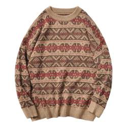 Minetom Pullover Herren Strickpullover Retro Muster Sweater Winterpullover Mit Rundhalsausschnitt Weihnachtspullover Grobstrickpullover Männer Pulli E Braun XXL von Minetom