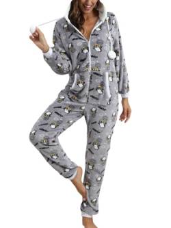 Minetom Pyjama Damen Weihnachten Einteiler Jumpsuit Onesie Schlafoveralls Mit Kapuze Kuscheliges Schlafanzug Kuschelig Langarm Strampler Mit Reißverschluss Für Frauen Mädchen A Dunkelgrau M von Minetom