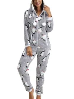 Minetom Pyjama Damen Weihnachten Einteiler Jumpsuit Onesie Schlafoveralls Mit Kapuze Kuscheliges Schlafanzug Kuschelig Langarm Strampler Mit Reißverschluss Für Frauen Mädchen A Grau L von Minetom