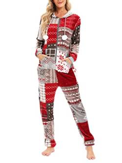 Minetom Pyjama Damen Weihnachten Einteiler Jumpsuit Onesie Schlafoveralls Mit Kapuze Kuscheliges Schlafanzug Kuschelig Langarm Strampler Mit Reißverschluss Für Frauen Mädchen B Rot M von Minetom