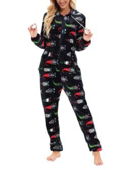 Minetom Pyjama Damen Weihnachten Einteiler Jumpsuit Onesie Schlafoveralls Mit Kapuze Kuscheliges Schlafanzug Kuschelig Langarm Strampler Mit Reißverschluss Für Frauen Mädchen B Schwarz 01 XS von Minetom