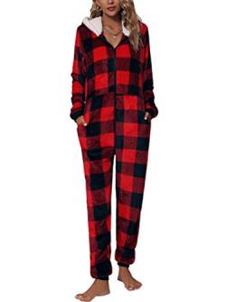 Minetom Pyjama Damen Weihnachten Einteiler Jumpsuit Onesie Schlafoveralls Mit Kapuze Kuscheliges Schlafanzug Kuschelig Langarm Strampler Mit Reißverschluss Für Frauen Mädchen D Rot M von Minetom