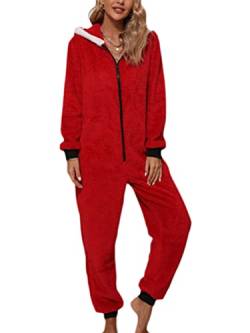 Minetom Pyjama Damen Weihnachten Einteiler Jumpsuit Onesie Schlafoveralls Mit Kapuze Kuscheliges Schlafanzug Kuschelig Langarm Strampler Mit Reißverschluss Für Frauen Mädchen E Rot XS von Minetom