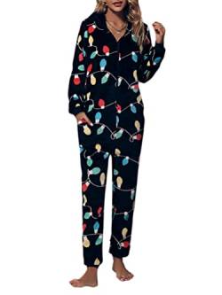 Minetom Pyjama Damen Weihnachten Einteiler Jumpsuit Onesie Schlafoveralls Mit Kapuze Kuscheliges Schlafanzug Kuschelig Langarm Strampler Mit Reißverschluss Für Frauen Mädchen F Schwarz L von Minetom