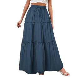 Minetom Röcke Damen Midi-Länge Strandrock Hohe Taille Maxirock Mit Kordelzug Einfarbig Casual Freizeitrock Hochzeit Cocktail Skirt A Blau XXL von Minetom