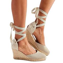 Minetom Sandalen Damen Plateau Keilsandalen Espadrille Frauen Strand Sandaletten Keilabsatz Sommerschuhe Flatform Baotou Schnürschuhe A Beige 39 EU von Minetom