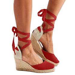 Minetom Sandalen Damen Plateau Keilsandalen Espadrille Frauen Strand Sandaletten Keilabsatz Sommerschuhe Flatform Baotou Schnürschuhe A Rot 42 EU von Minetom