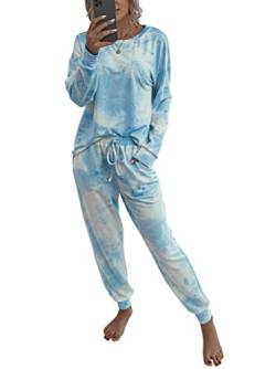 Minetom Schlafanzug Damen Langarm Pyjama Nachtwäsche Langer Elastic Sports Yoga Tasche Kordelzug Hose Hemd Zweiteiliger E Blau S von Minetom