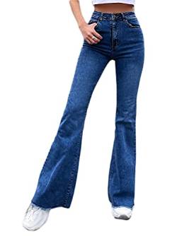 Minetom Schlaghosen Damen Jeans Bootcut Hosen Stretch Denim Jeanshose Casual Retro Hohe Taille Flared Pants P Dunkelblau L von Minetom