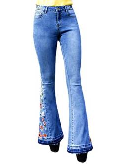 Minetom Schlaghosen Damen Jeans Bootcut Hosen Stretch Denim Jeanshose Casual Retro Stickerei Hohe Taille Flared Pants O Blau M von Minetom