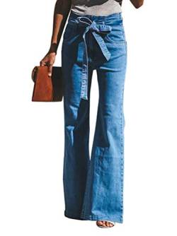 Minetom Schlaghosen Damen Jeans Hosen Stretch Skinny Destroyed Style Denim Jeanshose Retro Hohe Taille Flared Pants mit Gürtel B Blau M von Minetom