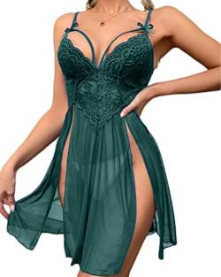 Minetom Sexy Negligee Babydoll Nachtwäsche 2-teiliges Spitze Dessous Kleid Nachthemd Lingerie Nachtkleid Reizwäsche und G-String Set B Grün M von Minetom