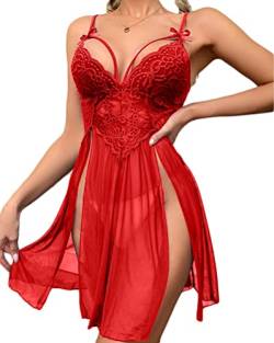 Minetom Sexy Negligee Babydoll Nachtwäsche 2-teiliges Spitze Dessous Kleid Nachthemd Lingerie Nachtkleid Reizwäsche und G-String Set B Rot XS von Minetom